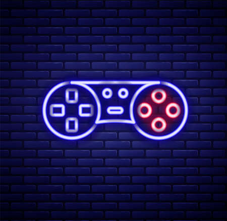 Glowing neon line Game controller or joystick for game console icon isolated on brick wall background. Colorful outline concept. Vectorのイラスト素材