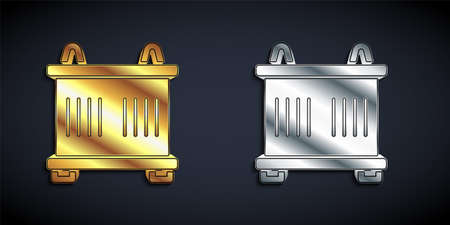 Gold and silver Container icon isolated on black background. Crane lifts a container with cargo. Long shadow style. Vectorのイラスト素材