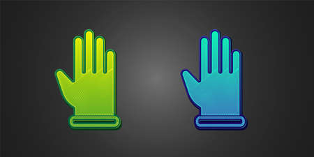 Green and blue Rubber gloves icon isolated on black background. Latex hand protection sign....