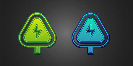 Green and blue High voltage sign icon isolated on black background. Danger symbol. Arrow in triangle. Warning icon. Vectorのイラスト素材