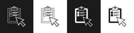 Set Online quiz, test, survey or checklist icon isolated on black and white background. Exam list. E-education concept. Vectorのイラスト素材