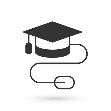 Grey Graduation cap with mouse icon isolated on white background. World education symbol. Online learning or e-learning concept. Vectorのイラスト素材