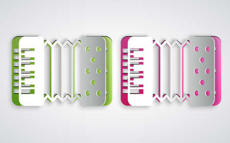 Paper cut Musical instrument accordion icon isolated on grey background. Classical bayan, harmonic. Paper art style. Vectorのイラスト素材