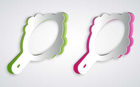 Paper cut Magic hand mirror icon isolated on grey background. Paper art style. Vectorのイラスト素材
