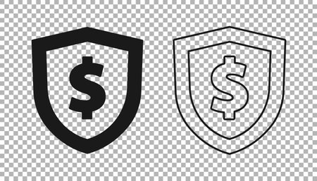 Black Shield with dollar symbol icon isolated on transparent background. Security shield protection. Money security concept. Vectorのイラスト素材