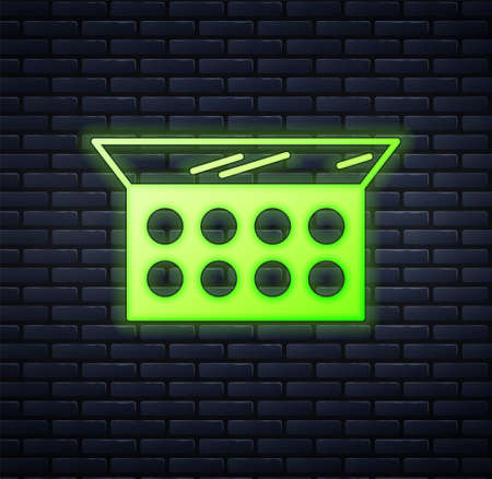 Glowing neon Makeup powder with mirror icon isolated on brick wall background. Vectorのイラスト素材