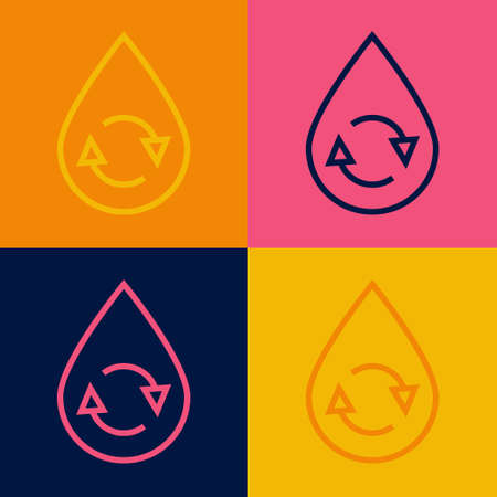 Pop art line Recycle clean aqua icon isolated on color background. Drop of water with sign...