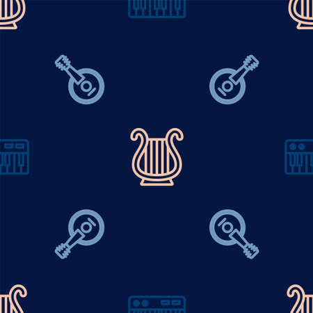 Set line Music synthesizer, Banjo and Ancient Greek lyre on seamless pattern. Vectorのイラスト素材