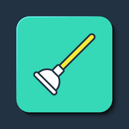 Filled outline Rubber plunger with wooden handle for pipe cleaning icon isolated on blue background. Toilet plunger. Turquoise square button. Vectorのイラスト素材