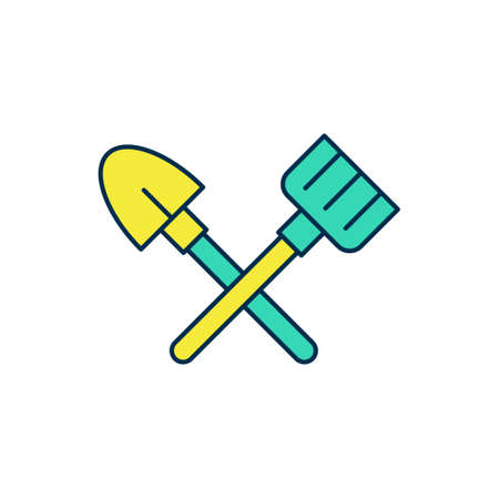 Filled outline Shovel and rake icon isolated on white background. Tool for horticulture, agriculture, gardening, farming. Ground cultivator. Vectorのイラスト素材