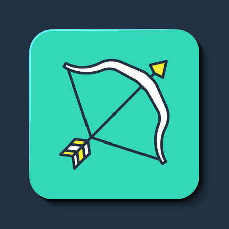 Filled outline Medieval bow and arrow icon isolated on blue background. Medieval weapon. Turquoise square button. Vectorのイラスト素材