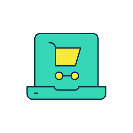 Filled outline Shopping cart on screen laptop icon isolated on white background. Concept e-commerce, e-business, online business marketing. Vectorのイラスト素材