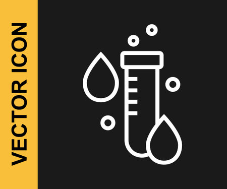 White line Test tube with water drop icon isolated on black background. Vectorのイラスト素材