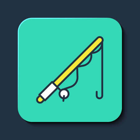 Filled outline Fishing rod icon isolated on blue background. Catch a big fish. Fishing equipment and fish farming topics. Turquoise square button. Vectorのイラスト素材