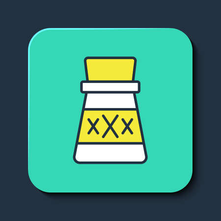 Filled outline Bottle with potion icon isolated on blue background. Flask with magic potion. Happy Halloween party. Turquoise square button. Vectorのイラスト素材