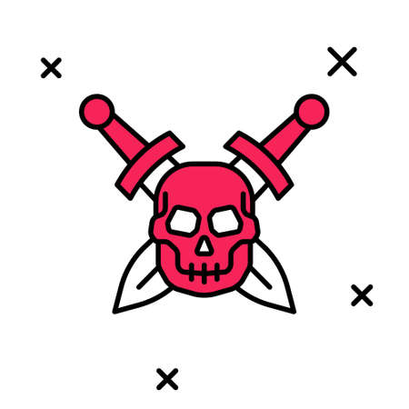 Filled outline Crossed medieval sword with skull icon isolated on white background. Medieval weapon. Vectorのイラスト素材