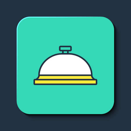 Filled outline Covered with a tray of food icon isolated on blue background. Tray and lid sign. Restaurant cloche with lid. Turquoise square button. Vectorのイラスト素材