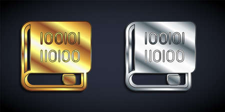 Gold and silver Books about programming icon isolated on black background. Programming language...