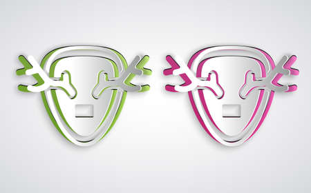 Paper cut Deer antlers on shield icon isolated on grey background. Hunting trophy on wall. Paper art style. Vectorのイラスト素材