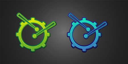Green and blue Drum with drum sticks icon isolated on black background. Music sign. Musical instrument symbol. Vectorのイラスト素材