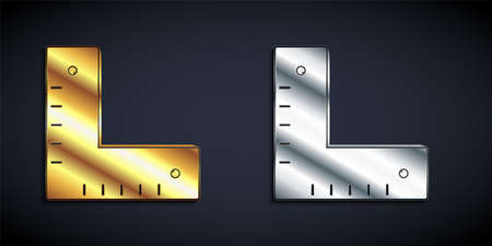 Gold and silver Corner ruler icon isolated on black background. Setsquare, angle ruler, carpentry, measuring utensil, scale. Long shadow style. Vectorのイラスト素材