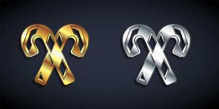 Gold and silver Christmas candy cane with stripes icon isolated on black background. Merry Christmas and Happy New Year. Long shadow style. Vectorのイラスト素材