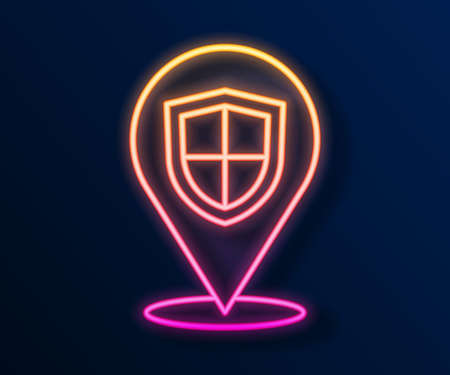 Glowing neon line Location shield icon isolated on black background. Insurance concept. Guard sign. Security, safety, protection, privacy concept. Vectorのイラスト素材