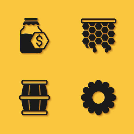 Set Sale in jar of honey, Flower, Wooden barrel with and Honeycomb icon with long shadow. Vectorのイラスト素材