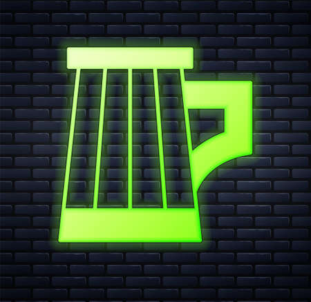 Glowing neon Wooden beer mug icon isolated on brick wall background. Vectorのイラスト素材