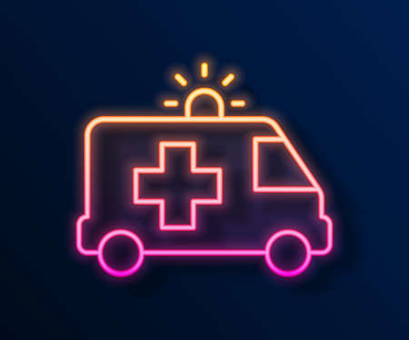 Glowing neon line Ambulance and emergency car icon isolated on black background. Ambulance vehicle medical evacuation. Vectorのイラスト素材