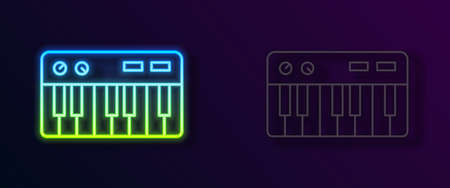 Glowing neon line Music synthesizer icon isolated on black background. Electronic piano. Vectorのイラスト素材