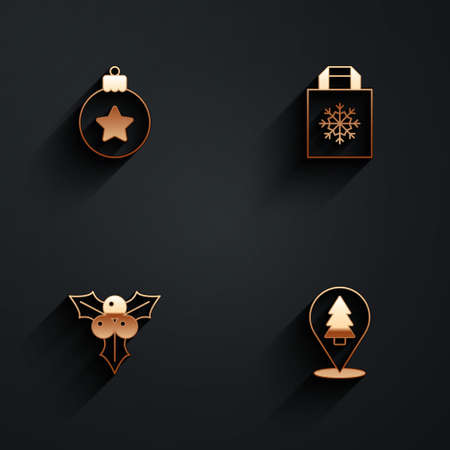 Set Christmas ball, shopping bag, Branch viburnum and tree icon with long shadow. Vectorのイラスト素材