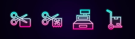 Set line Scissors cuts discount coupon, Cash register machine and Hand truck and boxes. Glowing neon icon. Vectorのイラスト素材