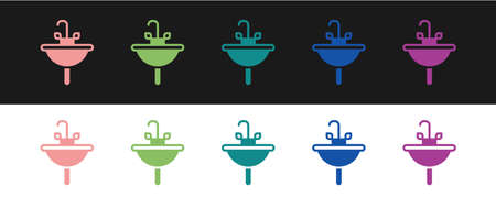 Set Washbasin with water tap icon isolated on black and white background. Vectorのイラスト素材