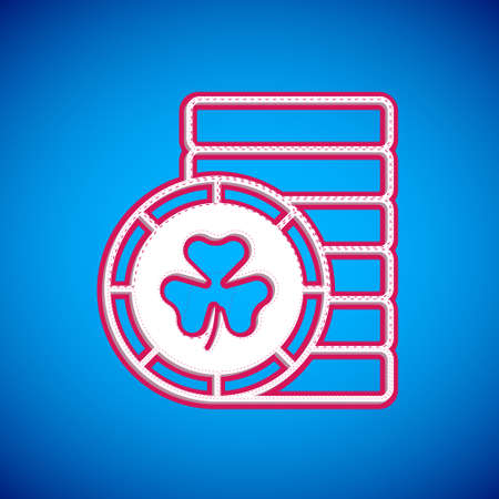 White Golden leprechaun coin with clover trefoil leaf icon isolated on blue background. Happy Saint Patricks day. National Irish holiday. Vectorのイラスト素材