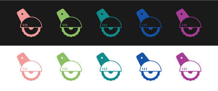 Set Electric circular saw with steel toothed disc icon isolated on black and white background. Electric hand tool for cutting wood or metal. Vectorのイラスト素材