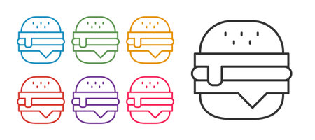 Set line Burger icon isolated on white background. Hamburger icon. Cheeseburger sandwich sign. Fast food menu. Set icons colorful. Vectorのイラスト素材
