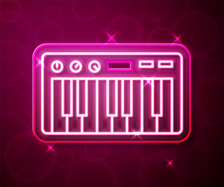 Glowing neon line Music synthesizer icon isolated on red background. Electronic piano. Vectorのイラスト素材
