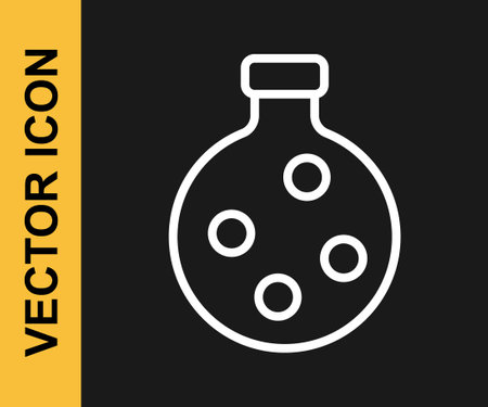 White line Bottle with potion icon isolated on black background. Flask with magic potion. Happy Halloween party. Vectorのイラスト素材