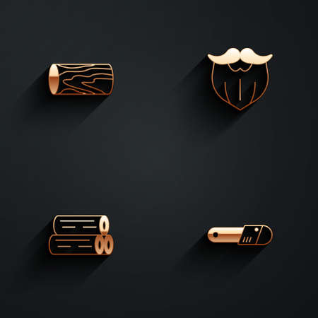 Set Wooden log, Mustache and beard, and Chainsaw icon with long shadow. Vectorのイラスト素材
