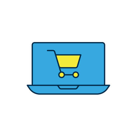 Filled outline Shopping cart on screen laptop icon isolated on white background. Concept e-commerce, e-business, online business marketing. Vectorのイラスト素材