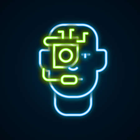 Glowing neon line Smart glasses mounted on spectacles icon isolated on black background. Wearable electronics smart glasses with camera and display. Colorful outline concept. Vectorのイラスト素材