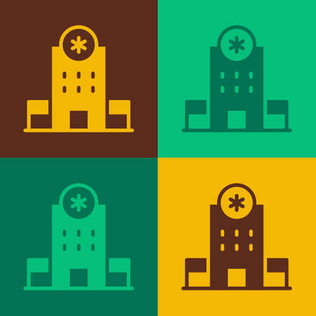 Pop art Medical hospital building with cross icon isolated on color background. Medical center. Health care. Vectorのイラスト素材