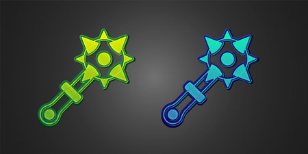 Green and blue Medieval chained mace ball icon isolated on black background. Morgenstern medieval weapon or mace with spikes. Vectorのイラスト素材