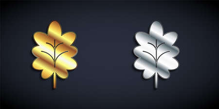 Gold and silver Leaf icon isolated on black background. Leaves sign. Fresh natural product symbol. Long shadow style. Vectorのイラスト素材