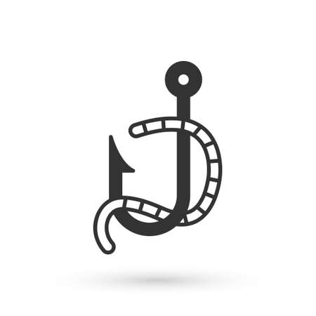 Grey Fishing hook and worm icon isolated on white background. Fishing tackle. Vectorのイラスト素材