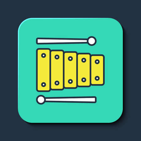 Filled outline Xylophone - musical instrument with thirteen wooden bars and two percussion mallets icon isolated on blue background. Turquoise square button. Vectorのイラスト素材