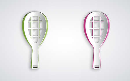 Paper cut Tennis racket icon isolated on grey background. Sport equipment. Paper art style. Vectorのイラスト素材