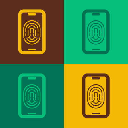 Pop art Smartphone with fingerprint scanner icon isolated on color background. Concept of security, personal access via finger on mobile. Vector.のイラスト素材