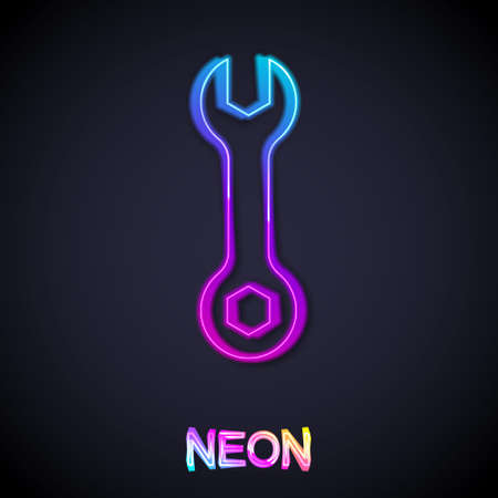 Glowing neon line Wrench spanner icon isolated on black background. Spanner repair tool. Service tool symbol. Vectorのイラスト素材